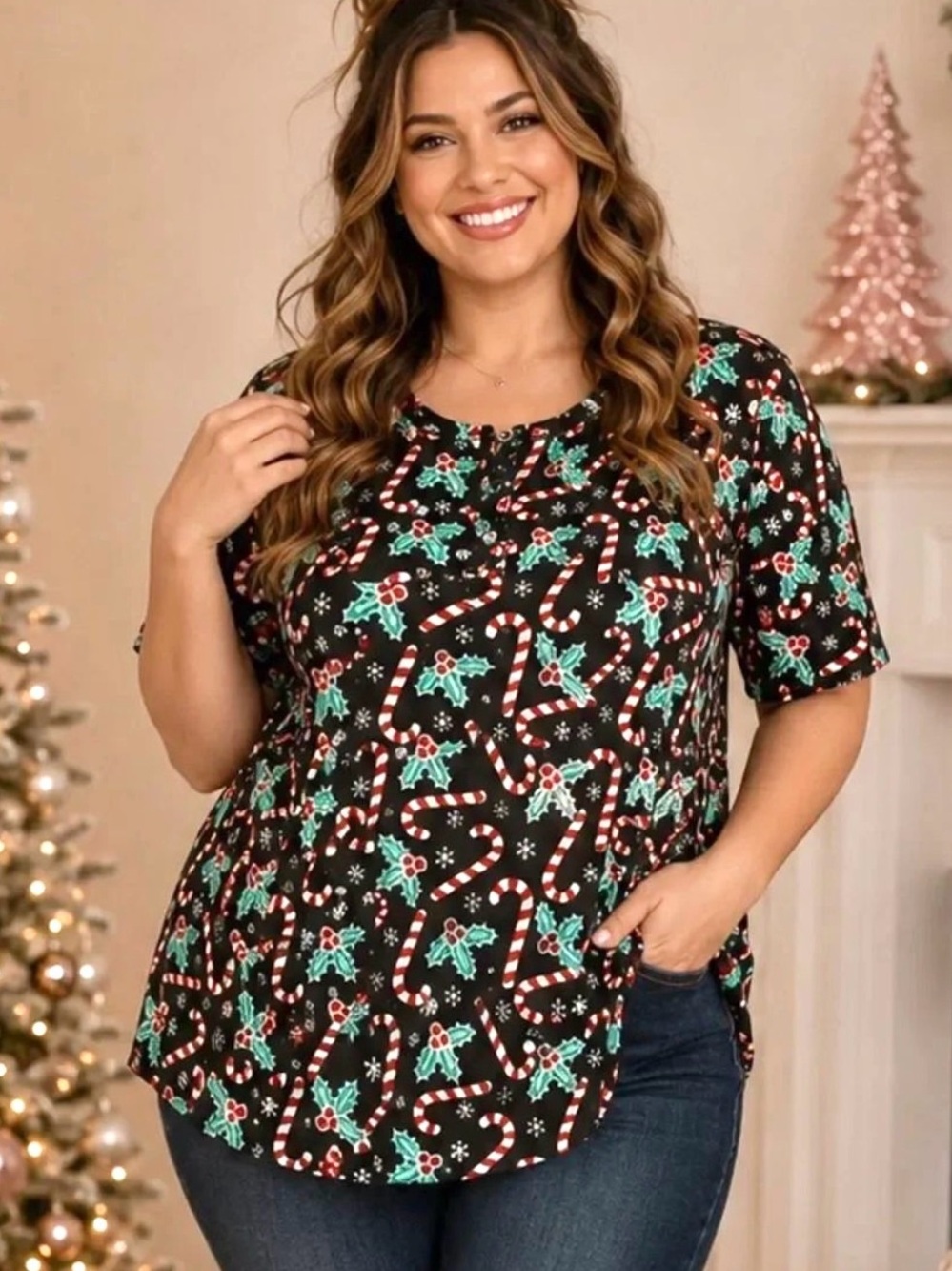 Modcloth Winning Them Over Short Sleeve Holiday Top Black Candy Cane 1X NWT